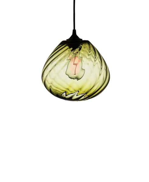 Patterned contemporary hand blown glass pendant lamp in antique olive