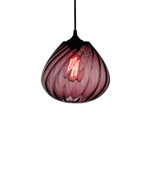 Patterned contemporary hand blown glass pendant lamp in rich sophisticated amethyst 